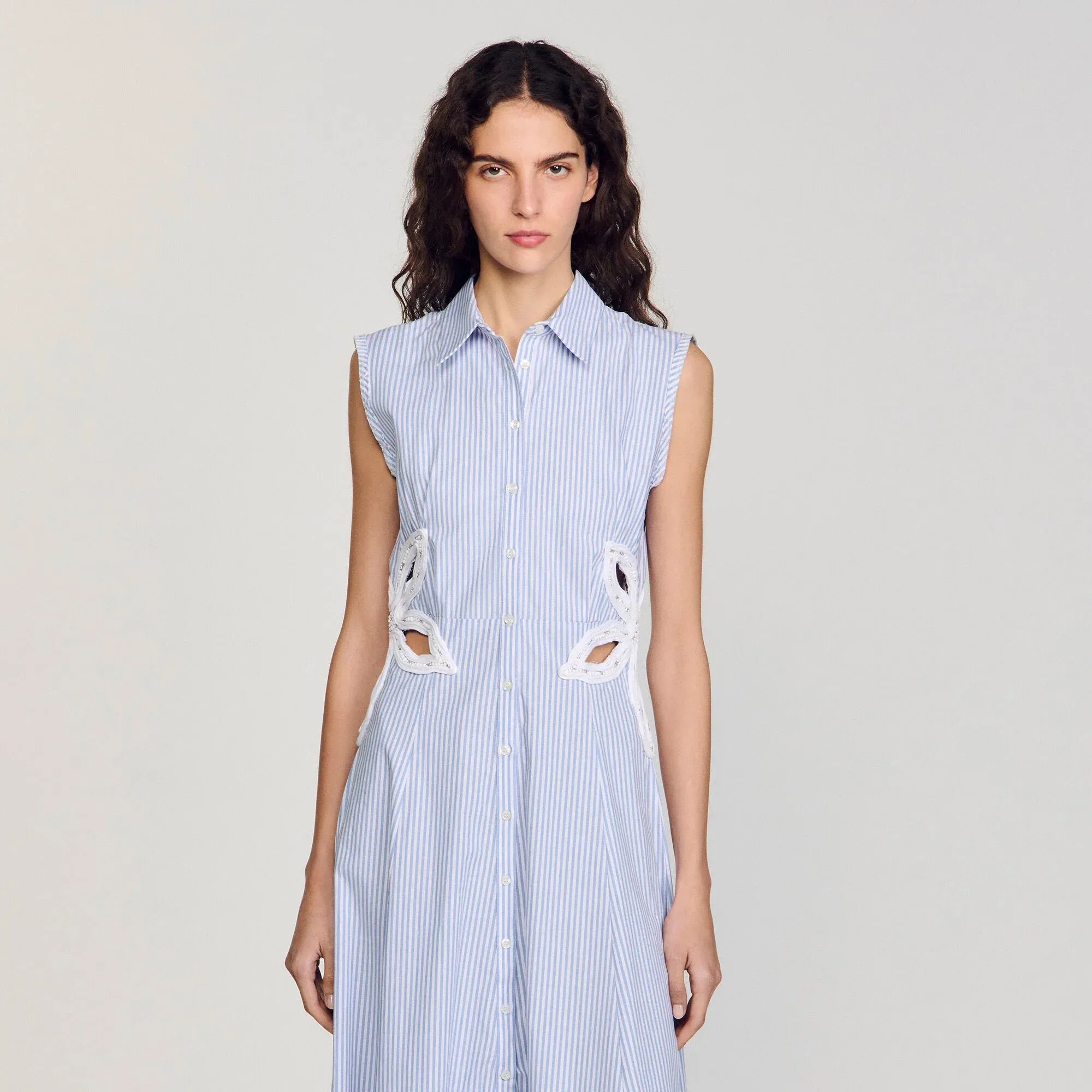 Amarante Stripy Embroidered Maxi Dress Sky Blue