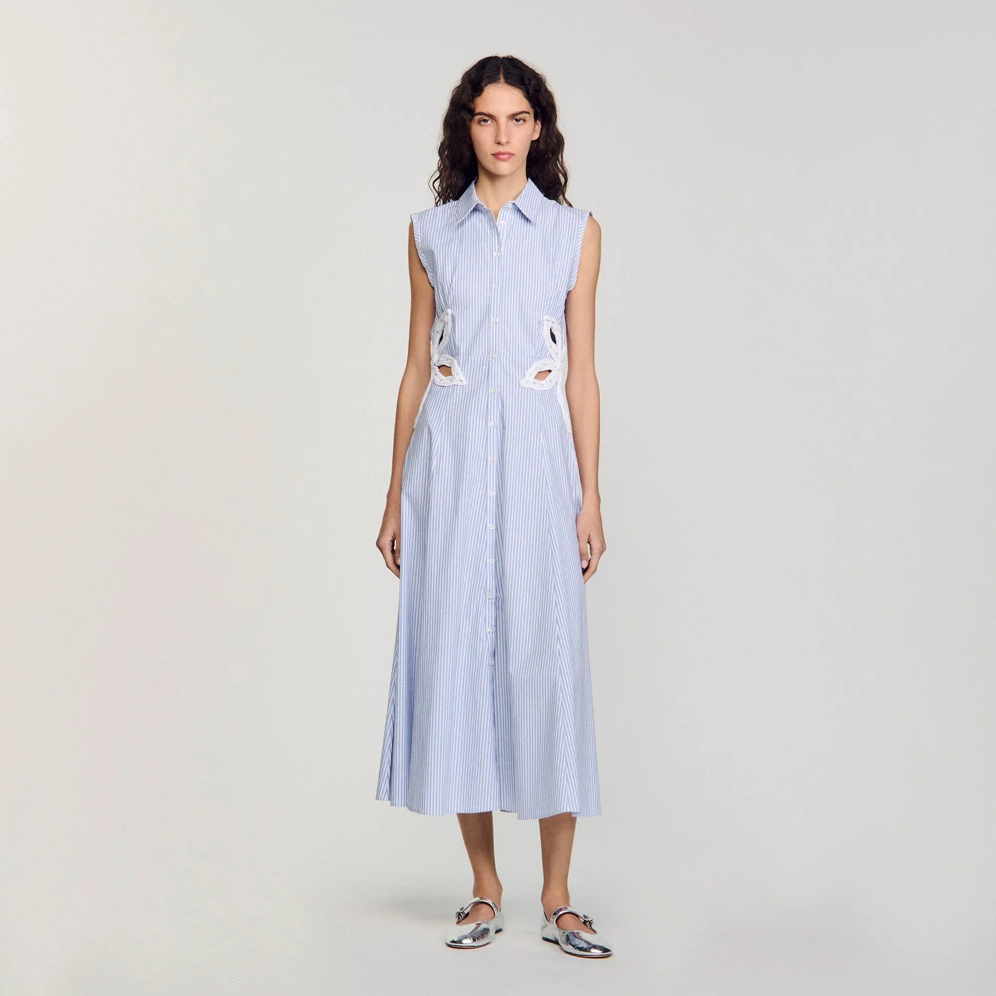 Amarante Stripy Embroidered Maxi Dress Sky Blue