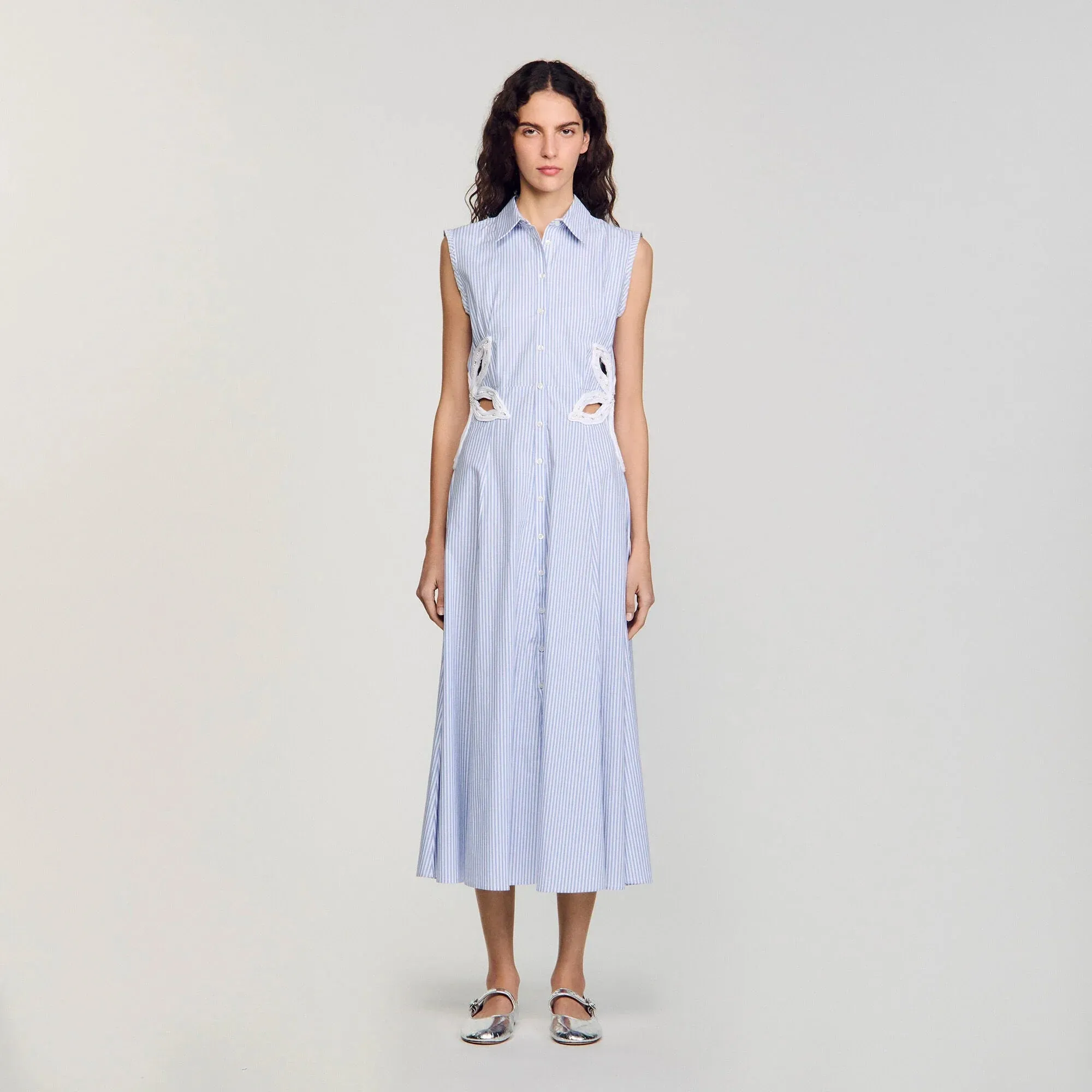 Amarante Stripy Embroidered Maxi Dress Sky Blue