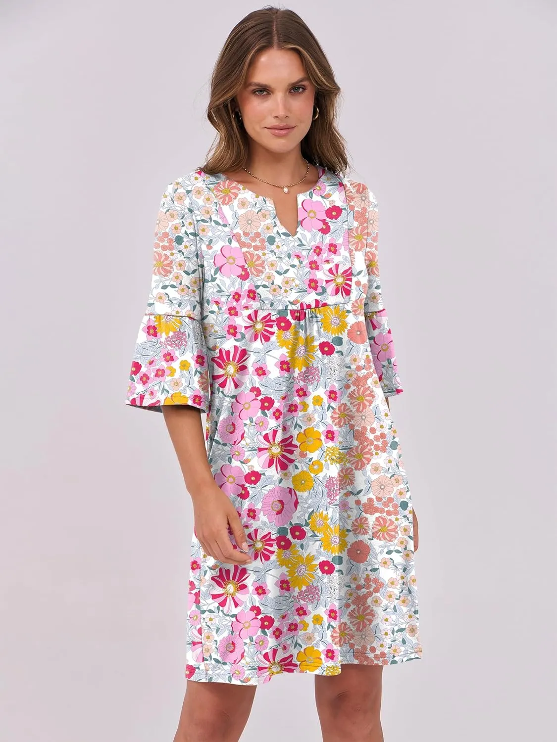 ANRABESS Women Mini Dress Summer V Neck Ruffle Short Sleeve Shift Casual Tunic Dresses 2025 Loose Beach Vacation Outfits