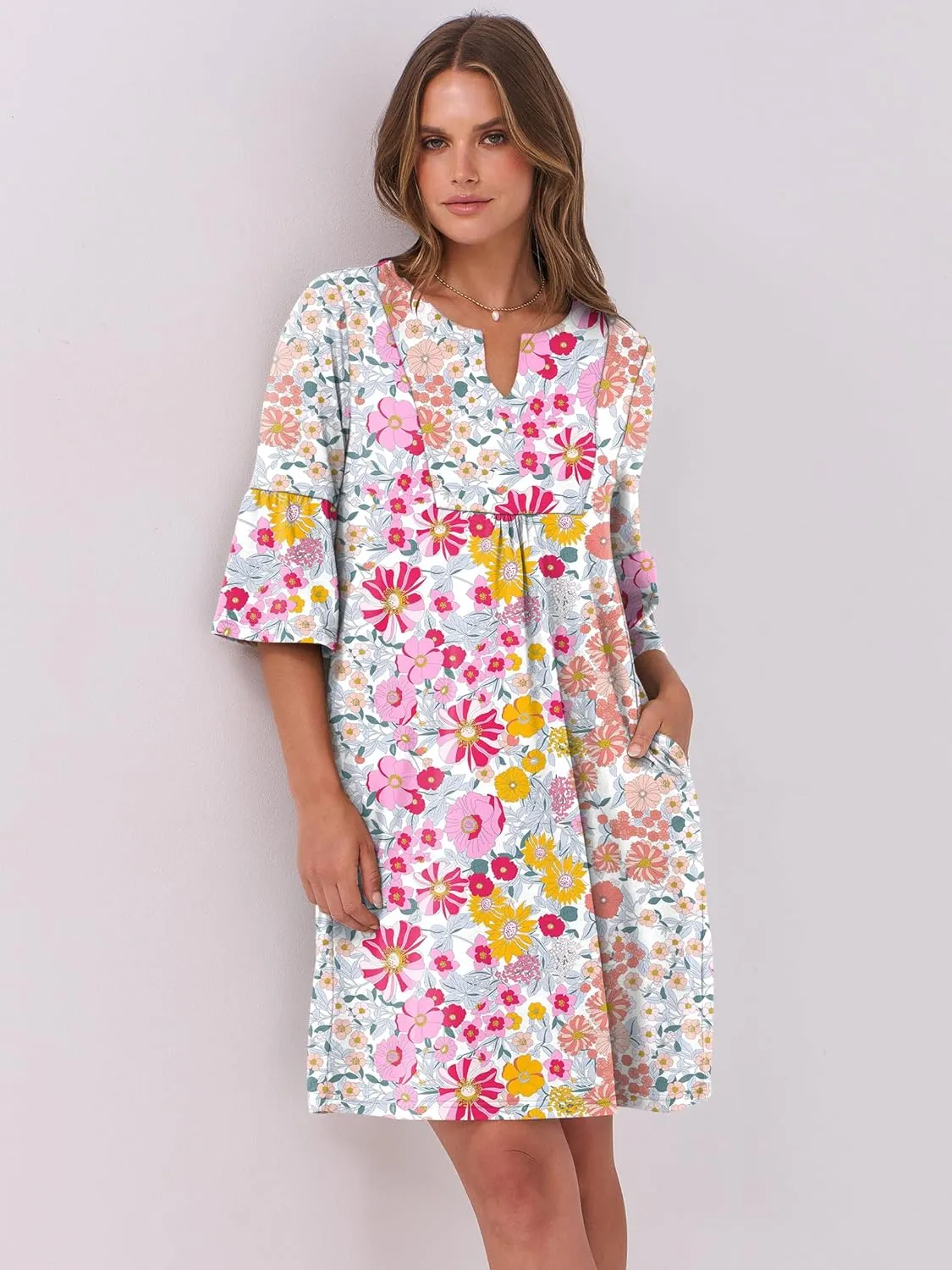 ANRABESS Women Mini Dress Summer V Neck Ruffle Short Sleeve Shift Casual Tunic Dresses 2025 Loose Beach Vacation Outfits