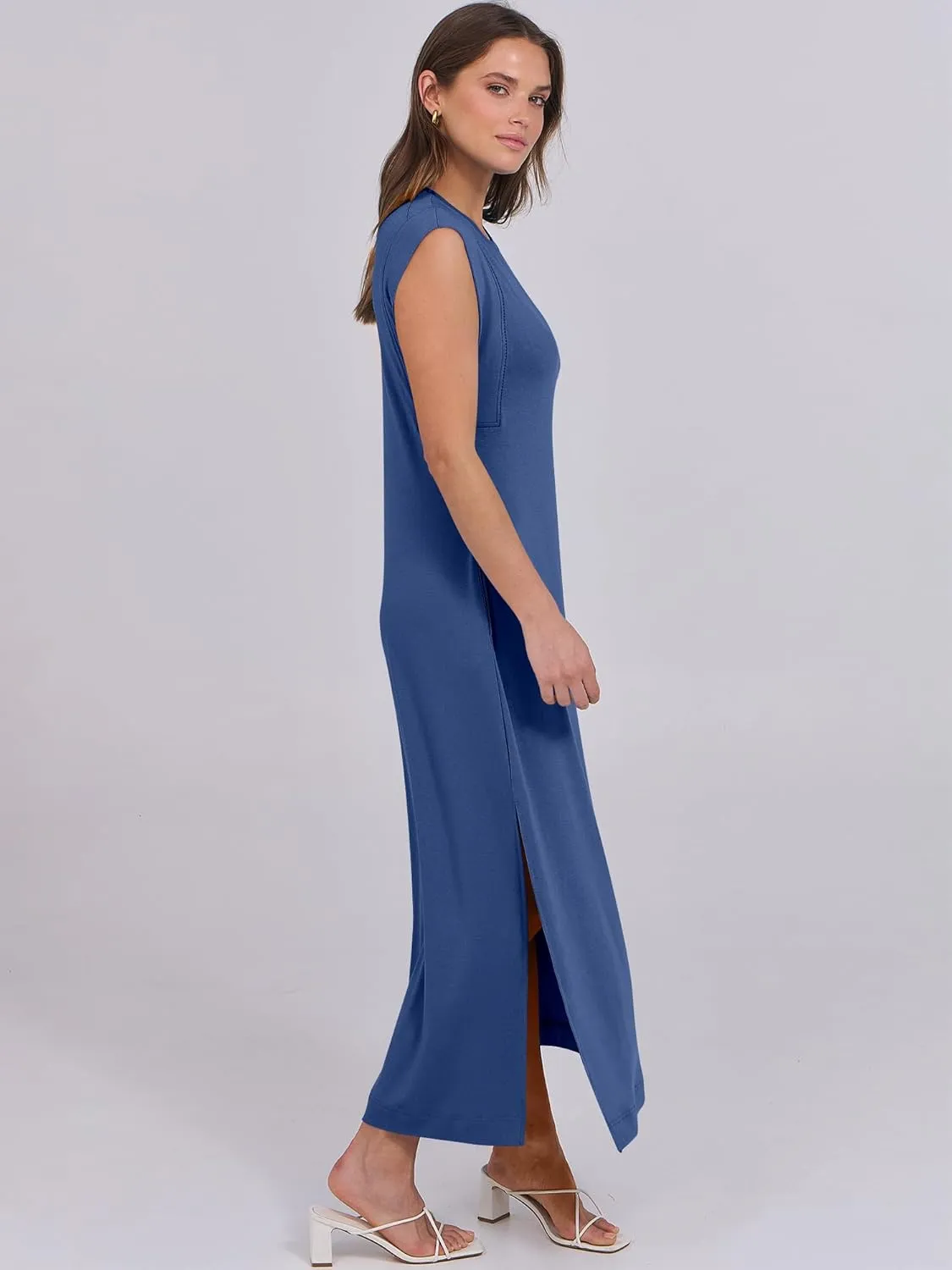 ANRABESS Womens Maxi Dresses 2025 Summer Casual Cap Sleeve Crew Neck Loose Split Beach Travel Long Shirt Sundress & Pockets