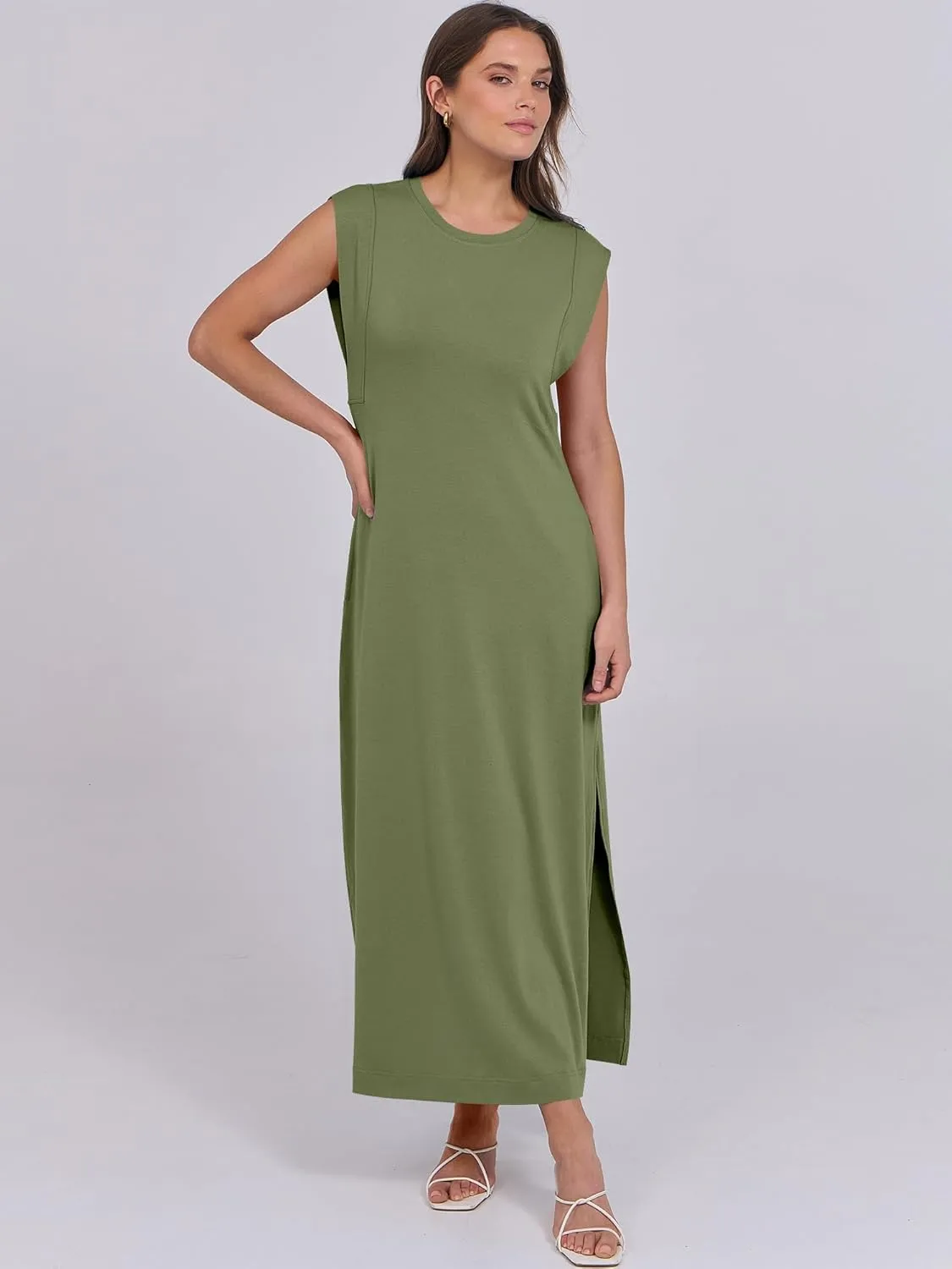 ANRABESS Womens Maxi Dresses 2025 Summer Casual Cap Sleeve Crew Neck Loose Split Beach Travel Long Shirt Sundress & Pockets