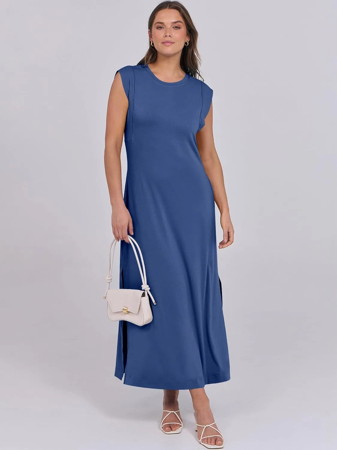 ANRABESS Womens Maxi Dresses 2025 Summer Casual Cap Sleeve Crew Neck Loose Split Beach Travel Long Shirt Sundress & Pockets