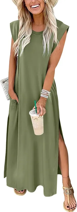 ANRABESS Womens Maxi Dresses 2025 Summer Casual Cap Sleeve Crew Neck Loose Split Beach Travel Long Shirt Sundress & Pockets