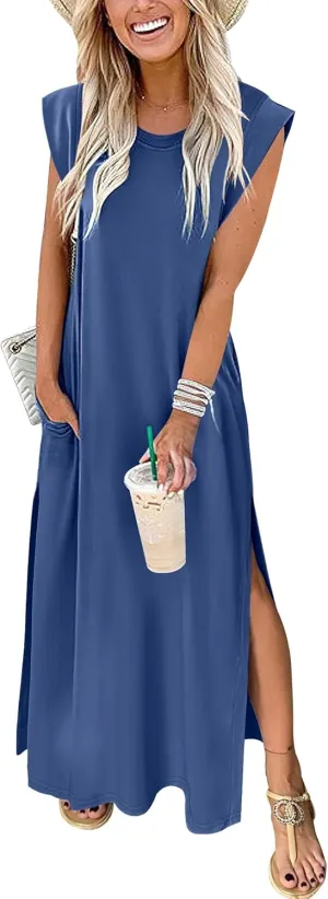 ANRABESS Womens Maxi Dresses 2025 Summer Casual Cap Sleeve Crew Neck Loose Split Beach Travel Long Shirt Sundress & Pockets