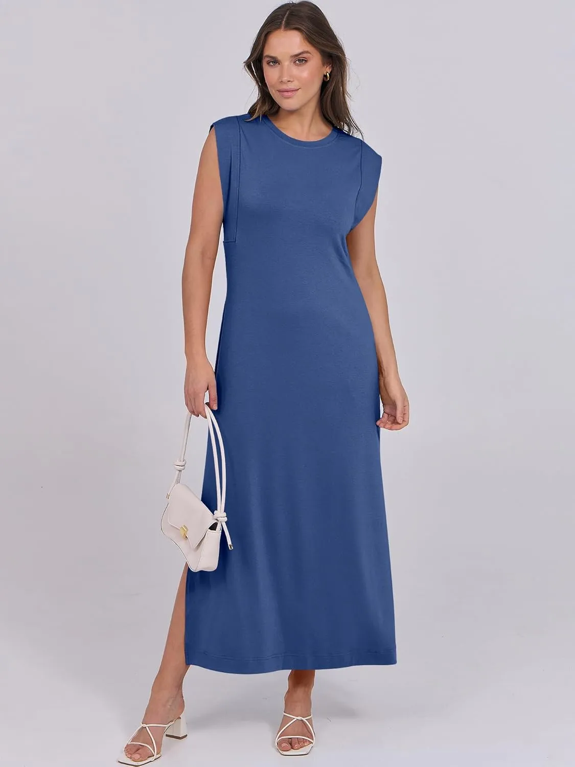 ANRABESS Womens Maxi Dresses 2025 Summer Casual Cap Sleeve Crew Neck Loose Split Beach Travel Long Shirt Sundress & Pockets