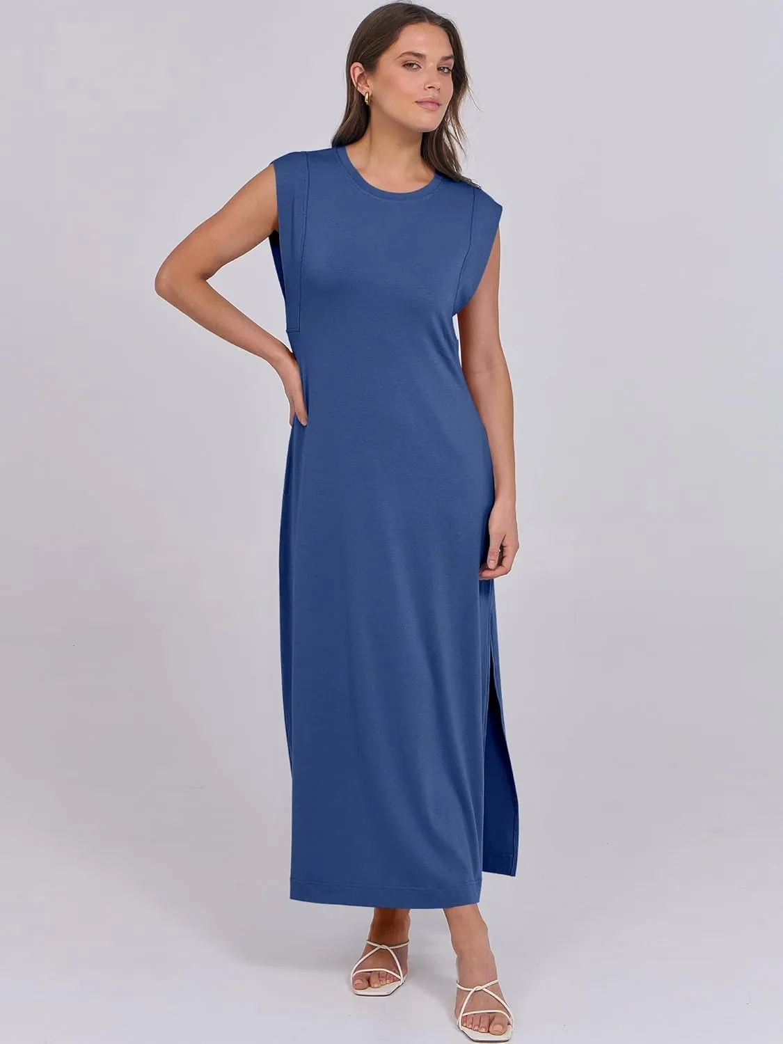 ANRABESS Womens Maxi Dresses 2025 Summer Casual Cap Sleeve Crew Neck Loose Split Beach Travel Long Shirt Sundress & Pockets