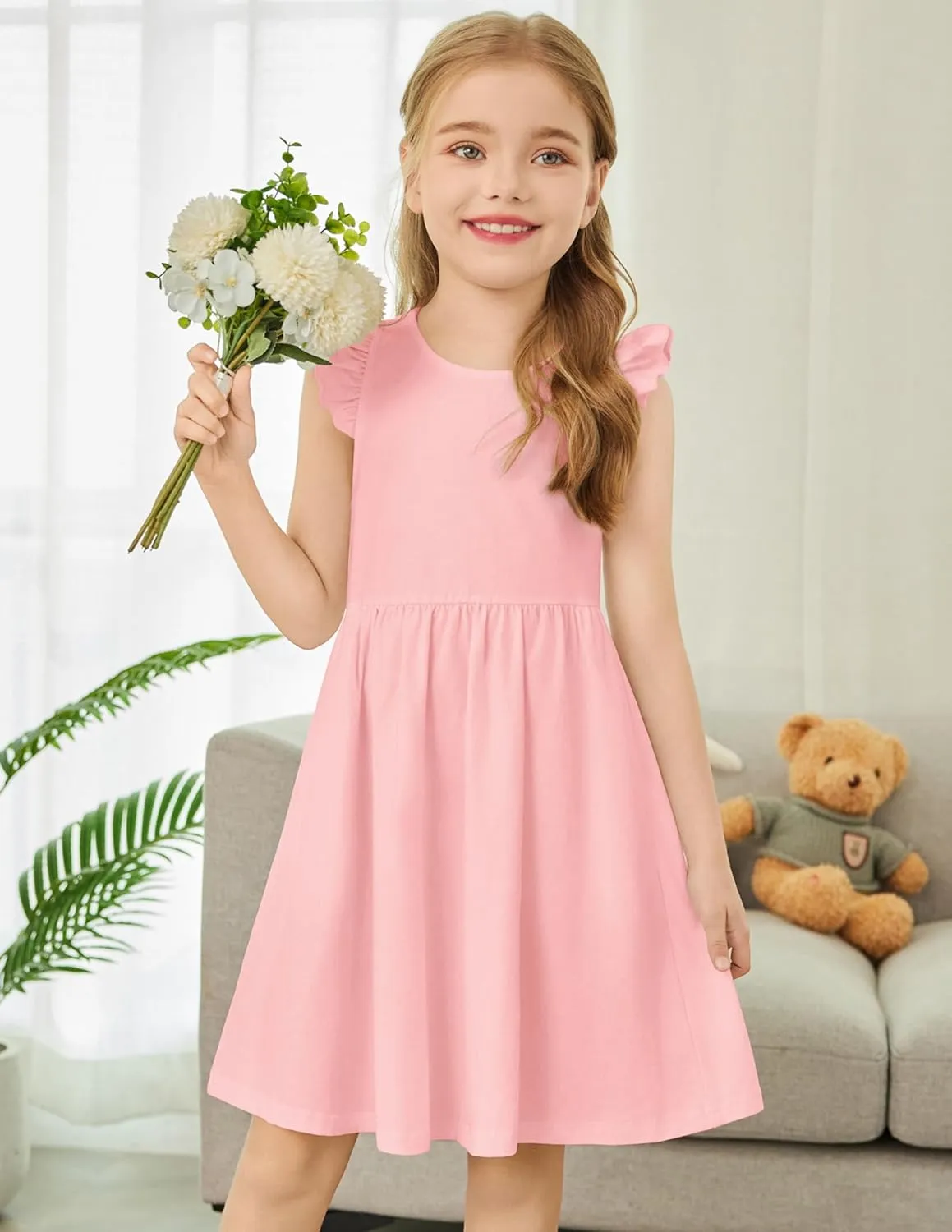 Arshiner Toddler Dress Girls Summer Ruffle Sleeve Backless Dresses Casual Sundress with Pockets 2-8Y