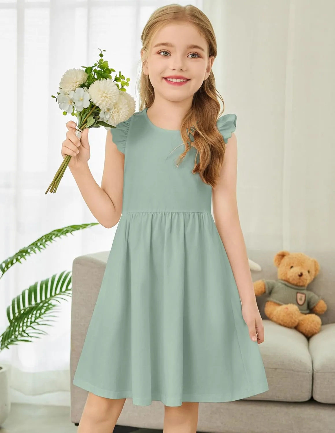 Arshiner Toddler Dress Girls Summer Ruffle Sleeve Backless Dresses Casual Sundress with Pockets 2-8Y