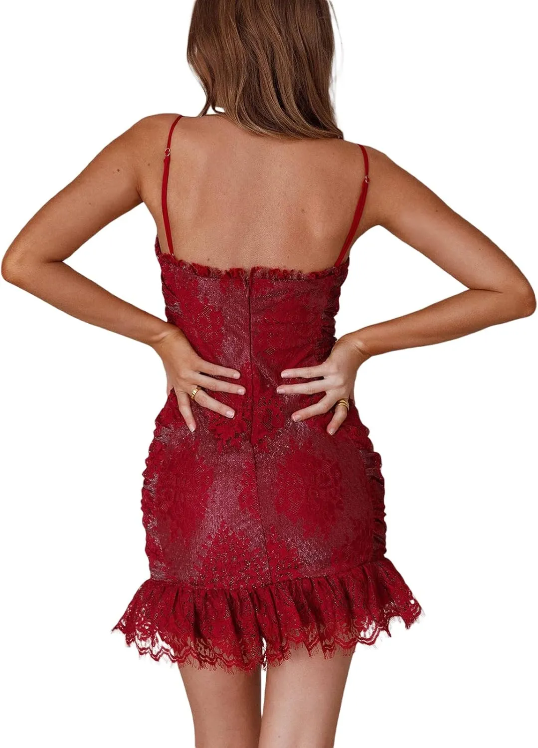 Awoscut Women's Sleeveless Going Out Bodycon Mini Dress Flower Lace Ruffles V-Neck Backless Summer Party Club Dress