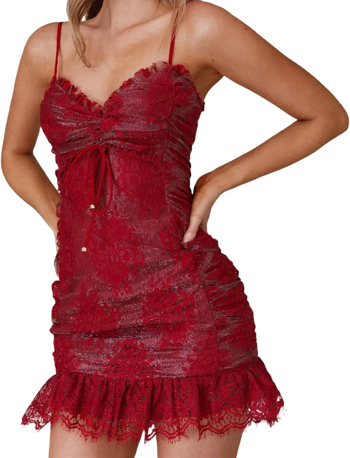Awoscut Women's Sleeveless Going Out Bodycon Mini Dress Flower Lace Ruffles V-Neck Backless Summer Party Club Dress