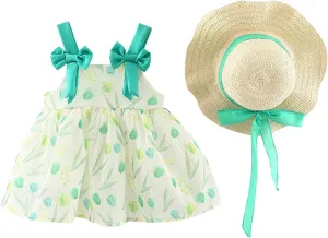 Baby Girls Floral Print Mini Dress Baby Summer Sleeveless Backless Dresses Ruffle Tulle Bowknot Sundress with Hat UC36