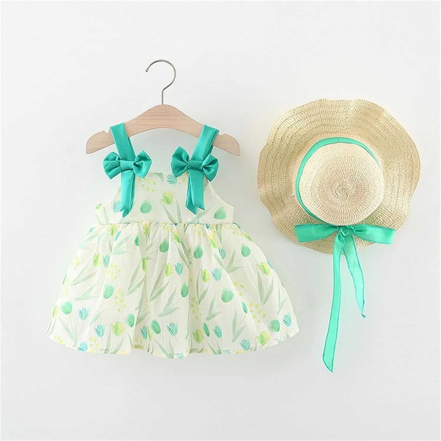 Baby Girls Floral Print Mini Dress Baby Summer Sleeveless Backless Dresses Ruffle Tulle Bowknot Sundress with Hat UC36