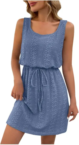 Beach Dresses for Women 2025 Vacation Waisted Drawstring Solid Mini Dress Hollow Out Sleeveless Summer Sundresses