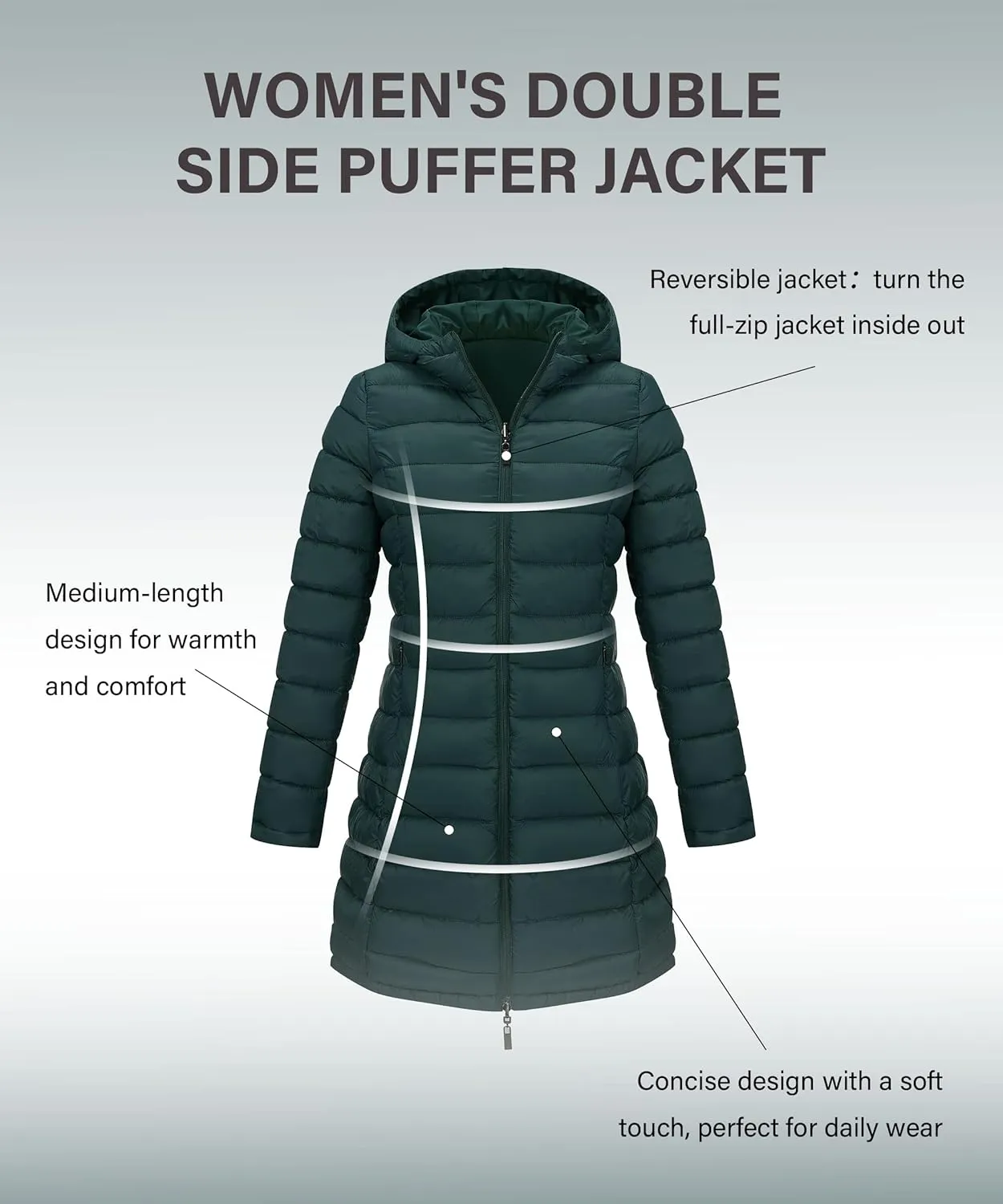 Bellivera Women Puffer Jacket Reversible Spring and Winter Fashion Warm Quilted Long Hooded Padded Bubble Coat