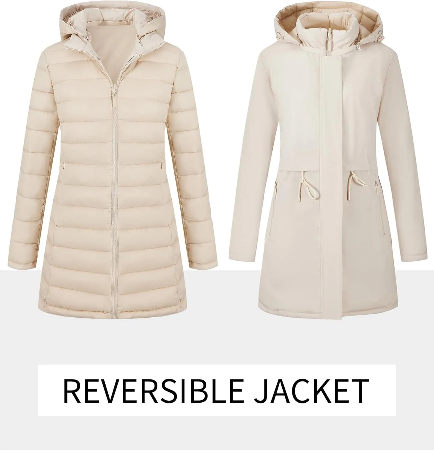 Bellivera Women Puffer Jacket Reversible Spring and Winter Fashion Warm Quilted Long Hooded Padded Bubble Coat