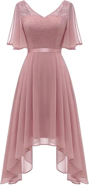 BeryLove Women's Prom Cocktail Formal Wedding Guest Lace Dress 2025 Flutter Sleeve Hem Bridesmaid Dresses