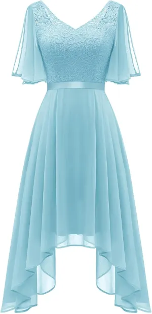 BeryLove Women's Prom Cocktail Formal Wedding Guest Lace Dress 2025 Flutter Sleeve Hem Bridesmaid Dresses