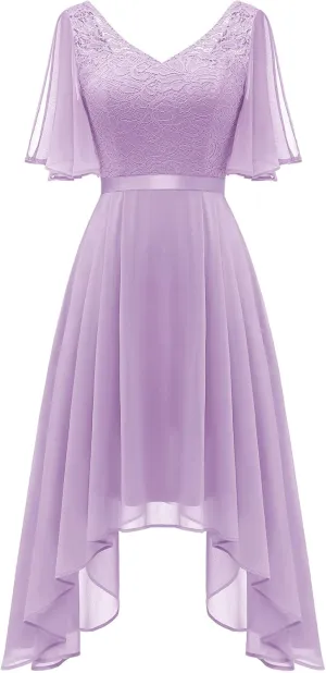 BeryLove Women's Prom Cocktail Formal Wedding Guest Lace Dress 2025 Flutter Sleeve Hem Bridesmaid Dresses