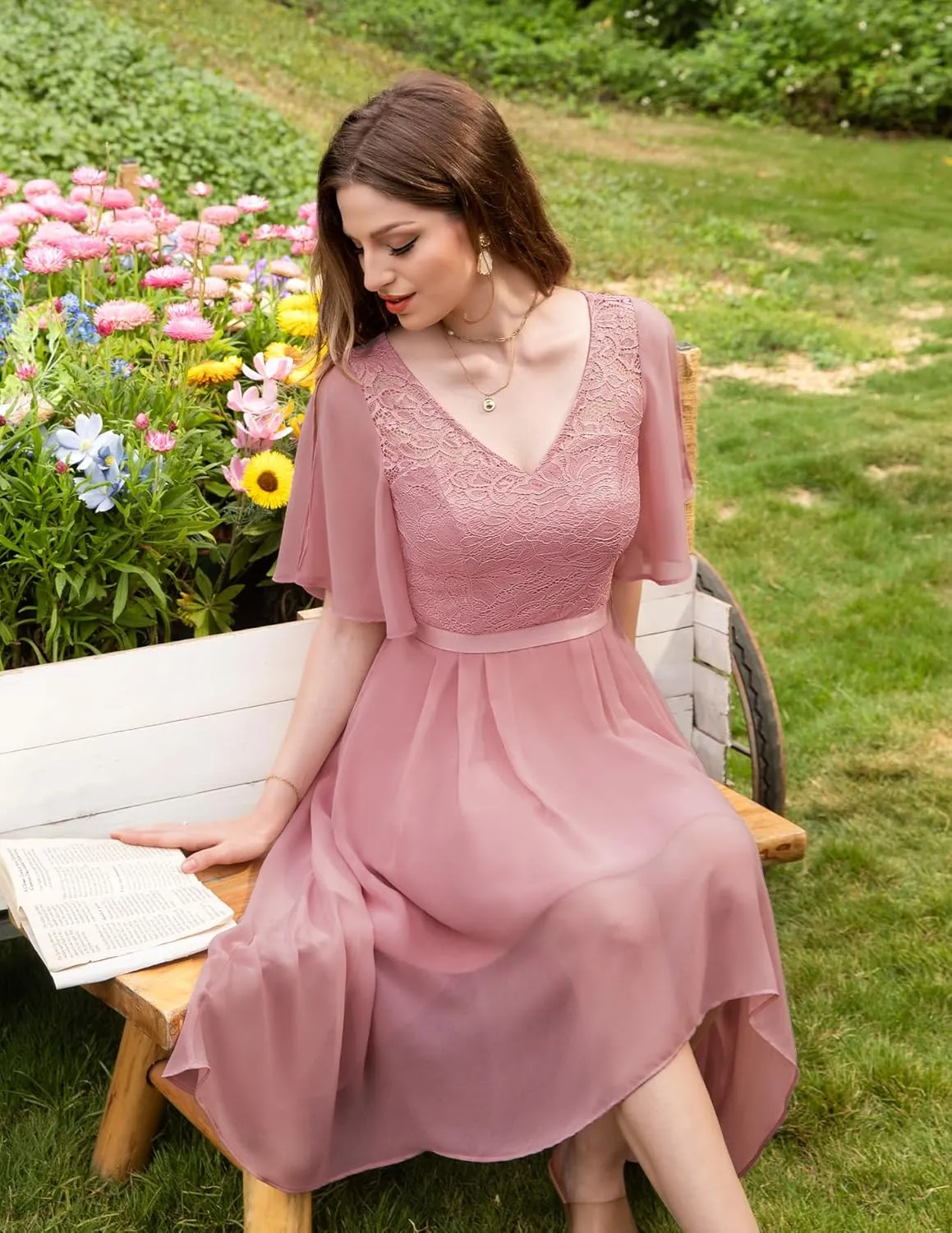 BeryLove Women's Prom Cocktail Formal Wedding Guest Lace Dress 2025 Flutter Sleeve Hem Bridesmaid Dresses
