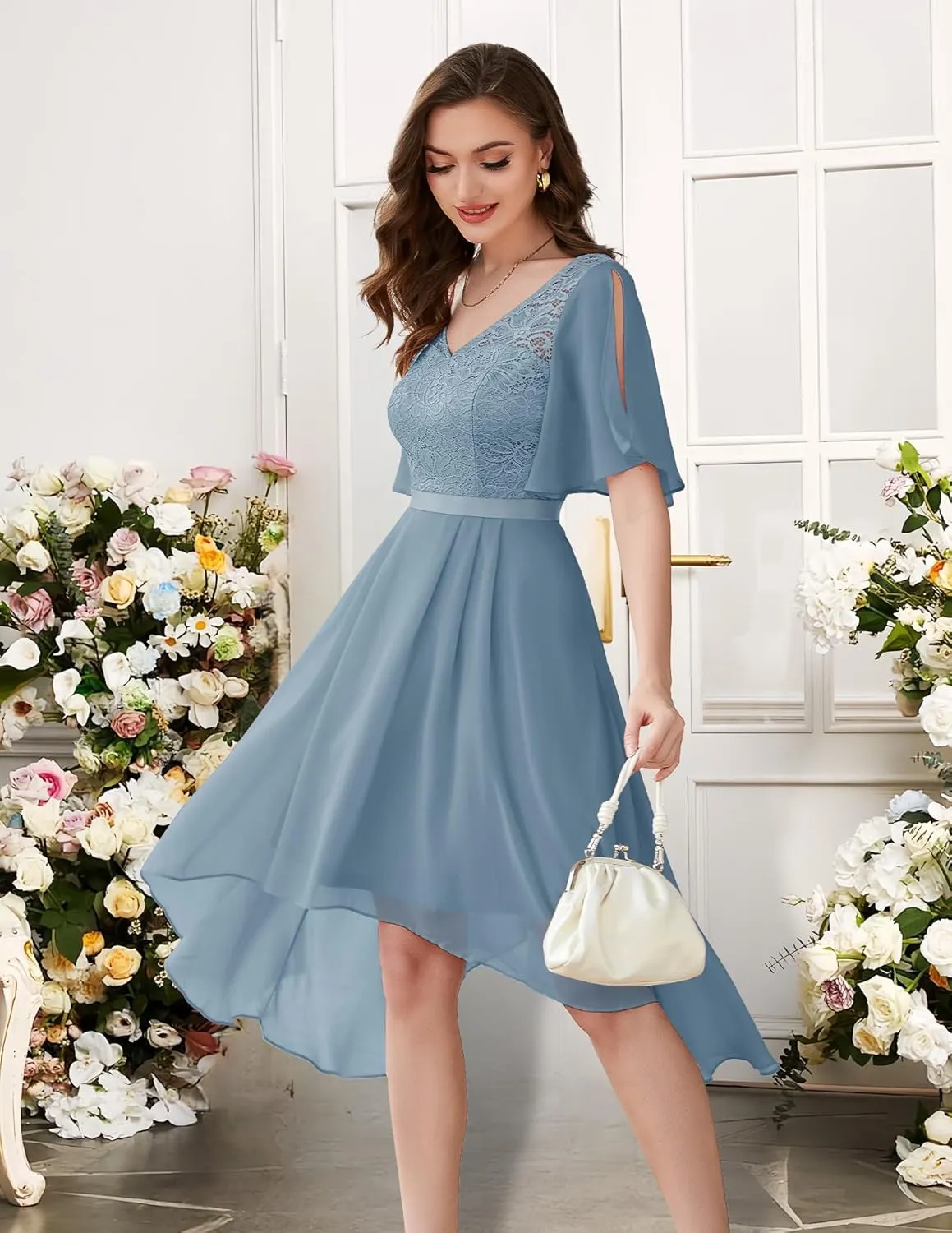 BeryLove Women's Prom Cocktail Formal Wedding Guest Lace Dress 2025 Flutter Sleeve Hem Bridesmaid Dresses