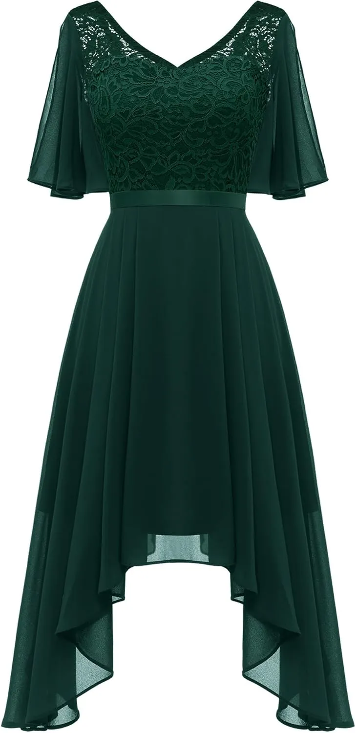 BeryLove Women's Prom Cocktail Formal Wedding Guest Lace Dress 2025 Flutter Sleeve Hem Bridesmaid Dresses