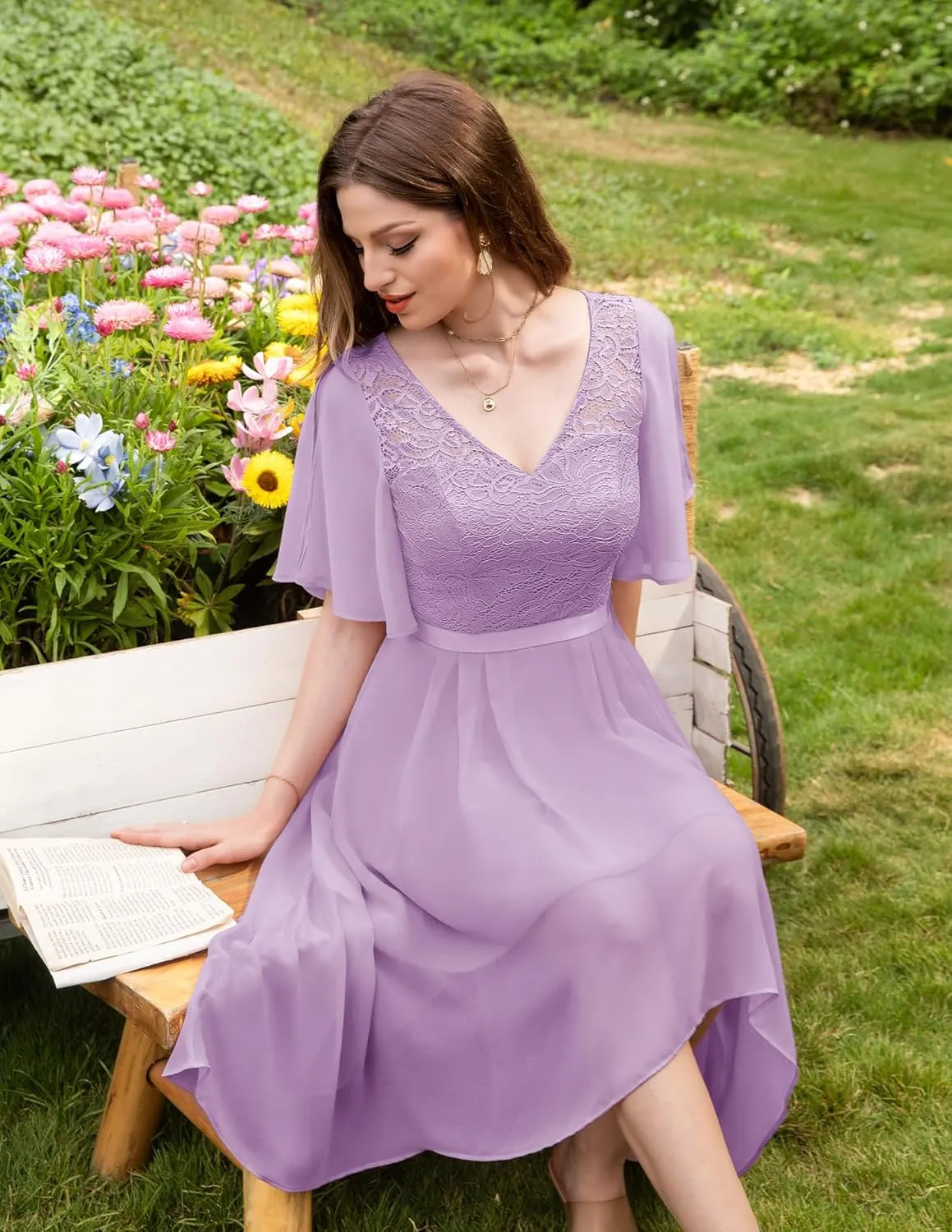 BeryLove Women's Prom Cocktail Formal Wedding Guest Lace Dress 2025 Flutter Sleeve Hem Bridesmaid Dresses