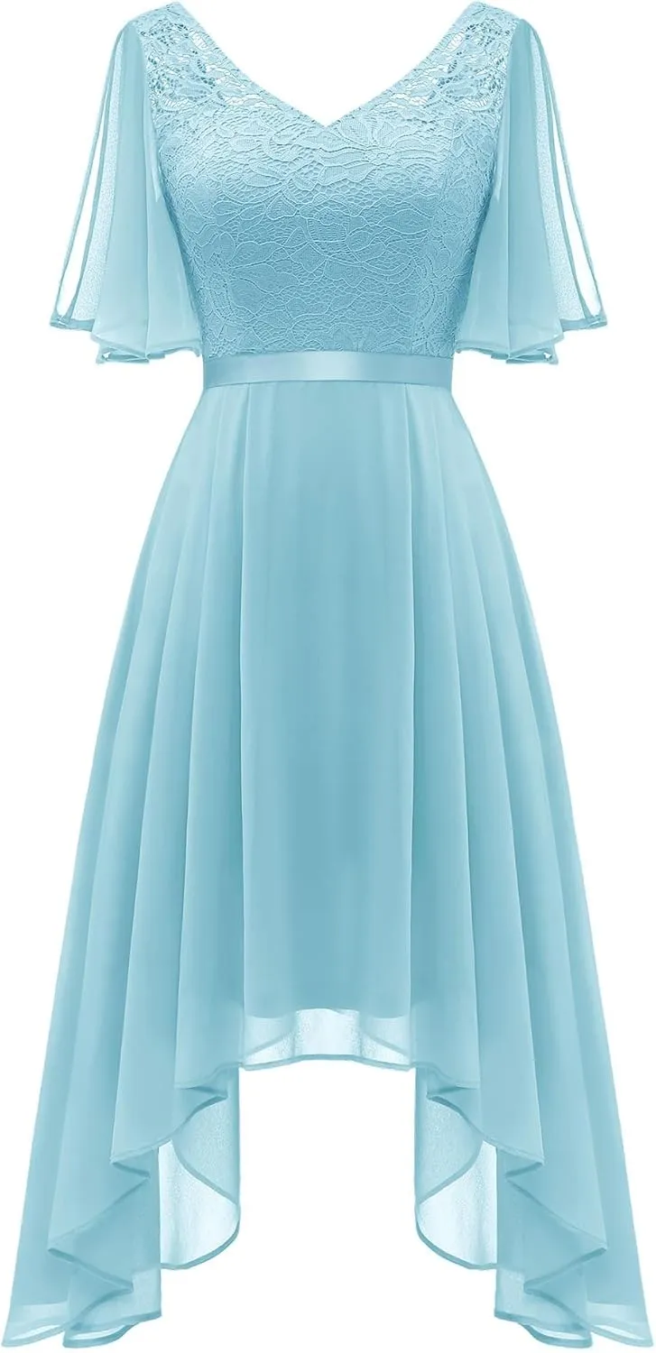 BeryLove Women's Prom Cocktail Formal Wedding Guest Lace Dress 2025 Flutter Sleeve Hem Bridesmaid Dresses