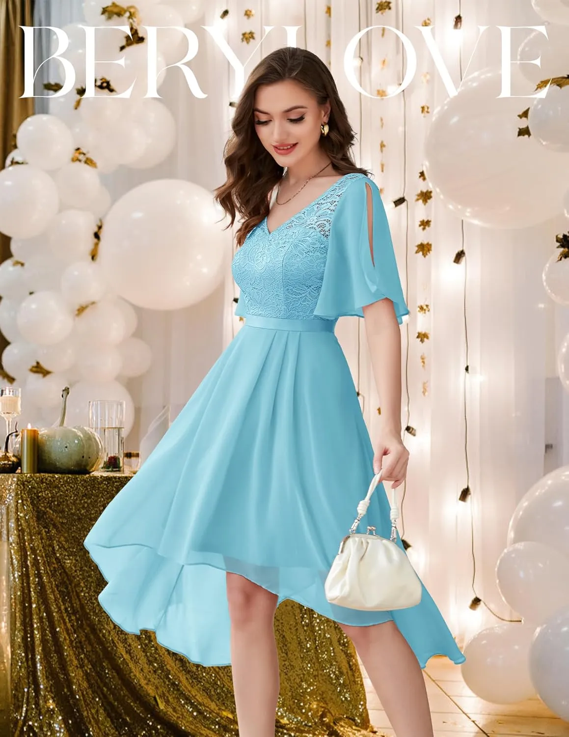 BeryLove Women's Prom Cocktail Formal Wedding Guest Lace Dress 2025 Flutter Sleeve Hem Bridesmaid Dresses
