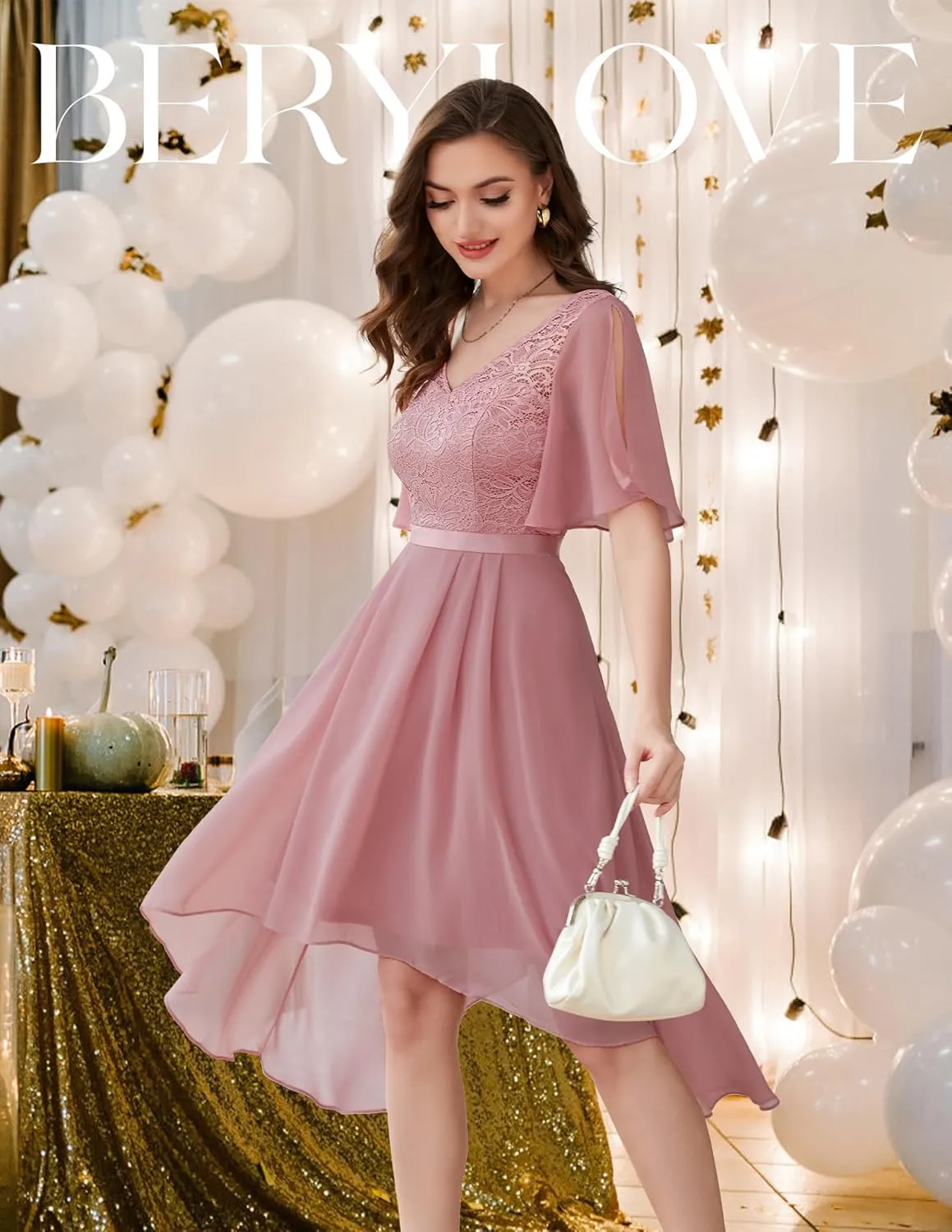 BeryLove Women's Prom Cocktail Formal Wedding Guest Lace Dress 2025 Flutter Sleeve Hem Bridesmaid Dresses