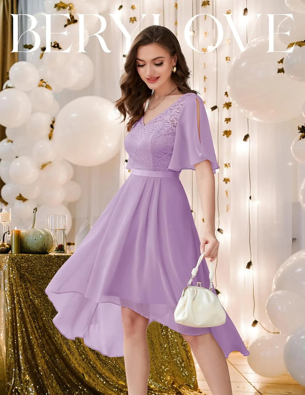 BeryLove Women's Prom Cocktail Formal Wedding Guest Lace Dress 2025 Flutter Sleeve Hem Bridesmaid Dresses