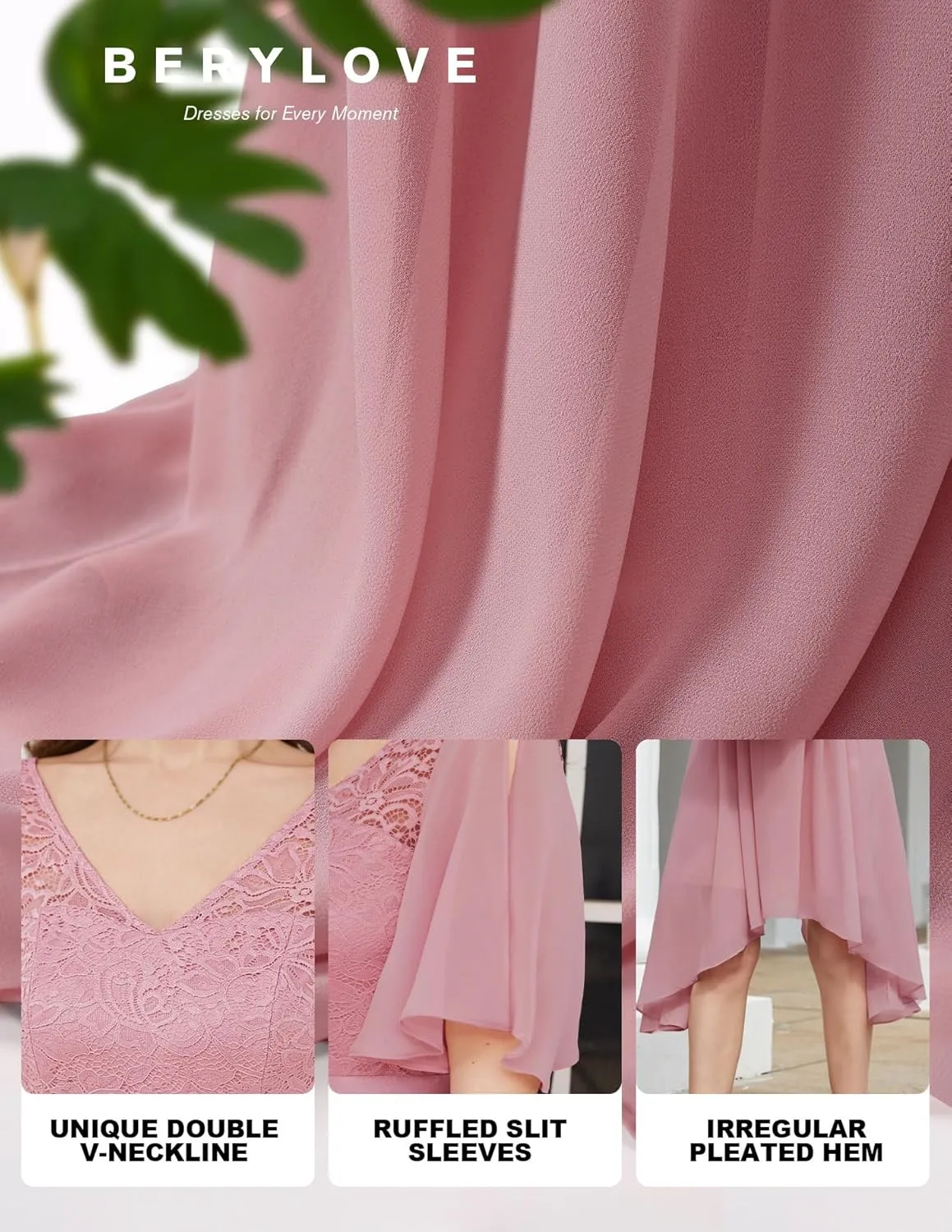 BeryLove Women's Prom Cocktail Formal Wedding Guest Lace Dress 2025 Flutter Sleeve Hem Bridesmaid Dresses