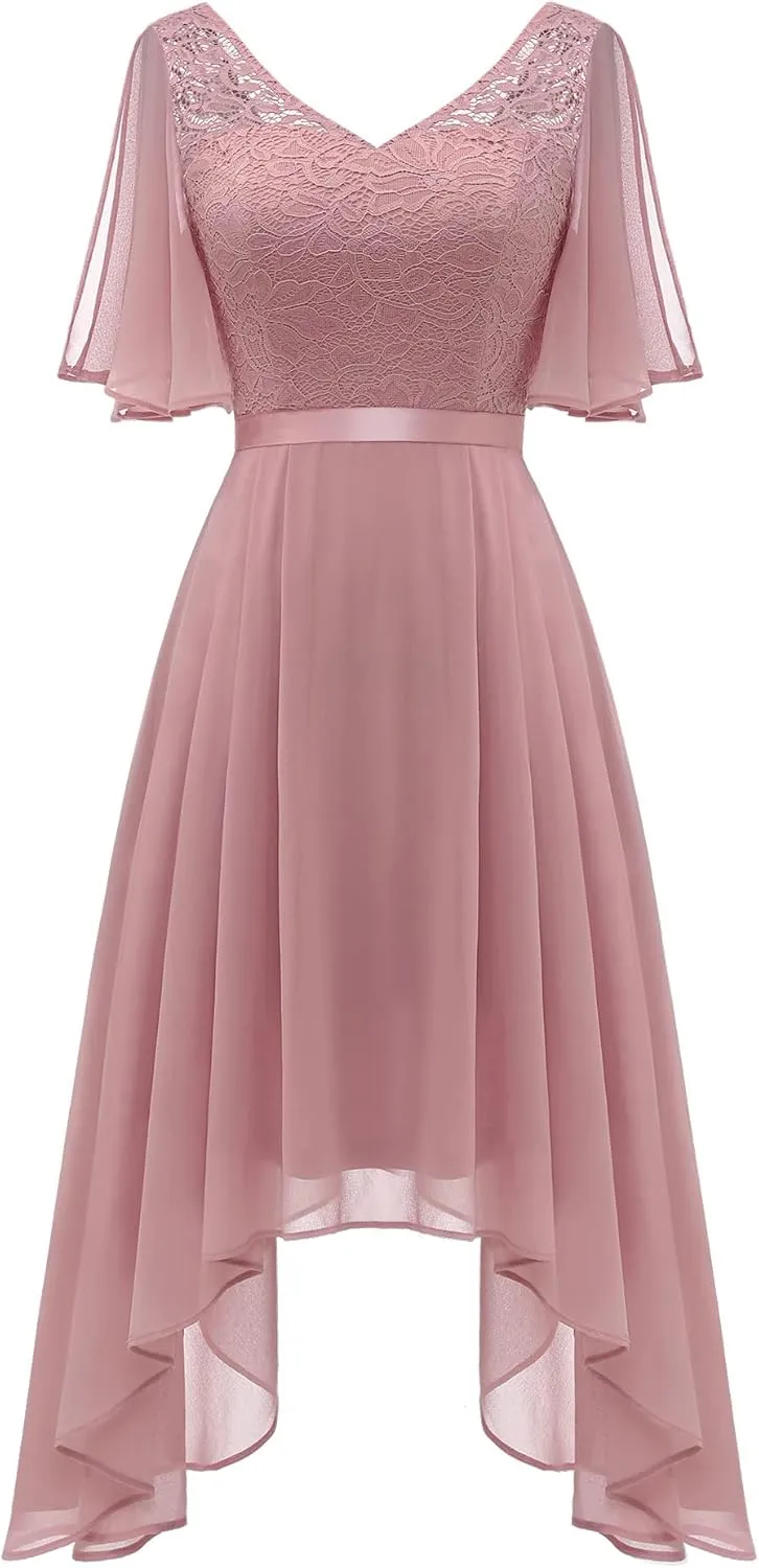 BeryLove Women's Prom Cocktail Formal Wedding Guest Lace Dress 2025 Flutter Sleeve Hem Bridesmaid Dresses
