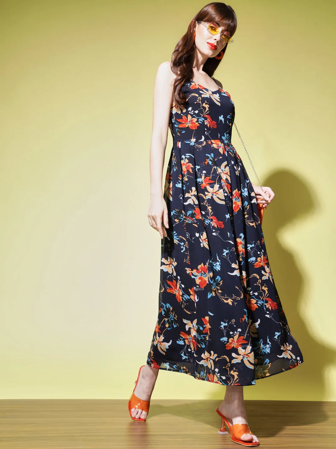 Black and White Floral Georgette Maxi Dress