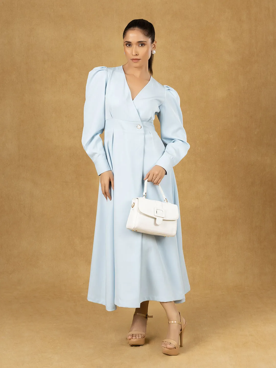 Blue Solid Wrap Fit And Flare Midi Dress