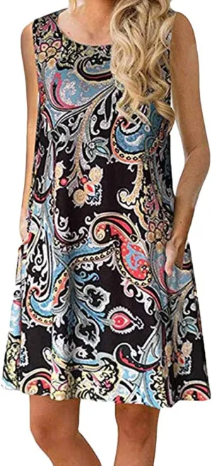 BOFETA Womens Summer Sleeveless Beach Dress Loose Swinsuit Sundress with Pockets Plus Size