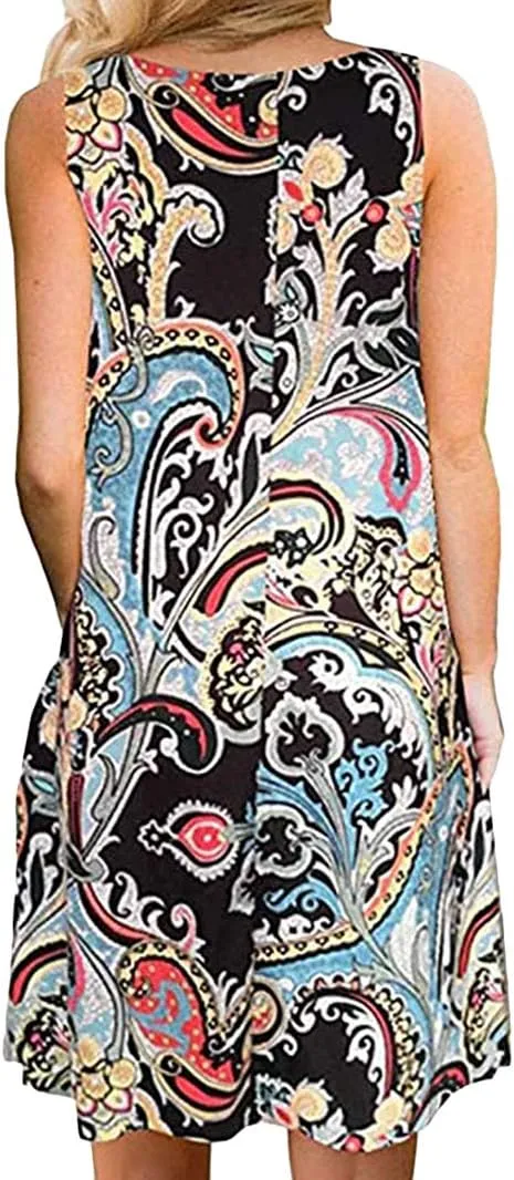 BOFETA Womens Summer Sleeveless Beach Dress Loose Swinsuit Sundress with Pockets Plus Size
