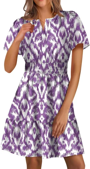 Boho Dresses for Women Summer Casual Short Sleeve V Neck A Line Mini Dress Smocked Tiered Beach Sundress