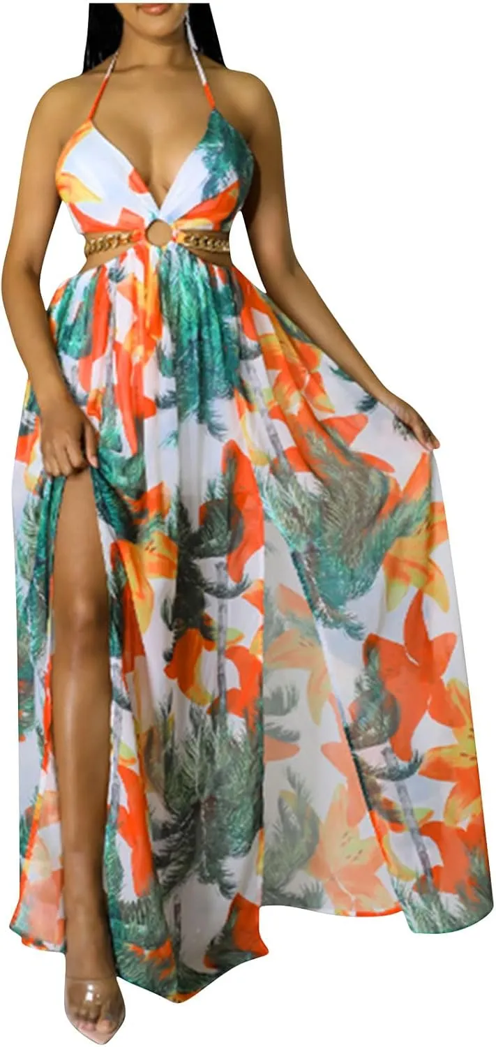 Boho Dresses for Women Summer Vacation Floral Halter Neck Tie Back Maxi Dress Split Beach Flowy Long Sundress