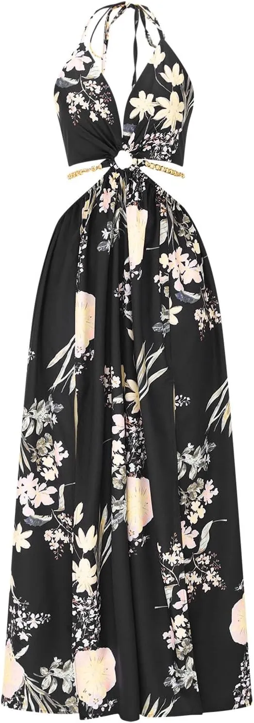 Boho Dresses for Women Summer Vacation Floral Halter Neck Tie Back Maxi Dress Split Beach Flowy Long Sundress