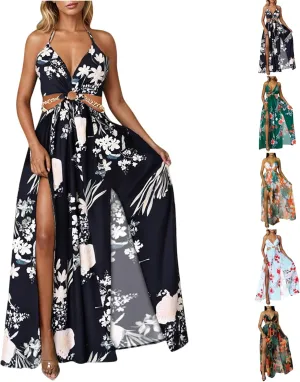 Boho Dresses for Women Summer Vacation Floral Halter Neck Tie Back Maxi Dress Split Beach Flowy Long Sundress