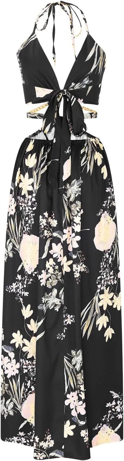 Boho Dresses for Women Summer Vacation Floral Halter Neck Tie Back Maxi Dress Split Beach Flowy Long Sundress