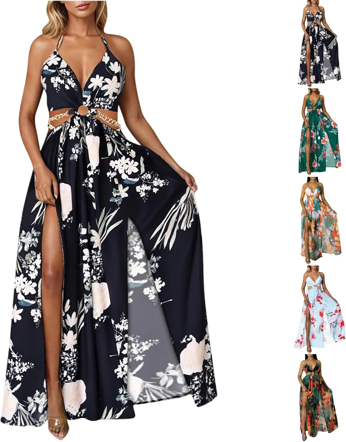 Boho Dresses for Women Summer Vacation Floral Halter Neck Tie Back Maxi Dress Split Beach Flowy Long Sundress