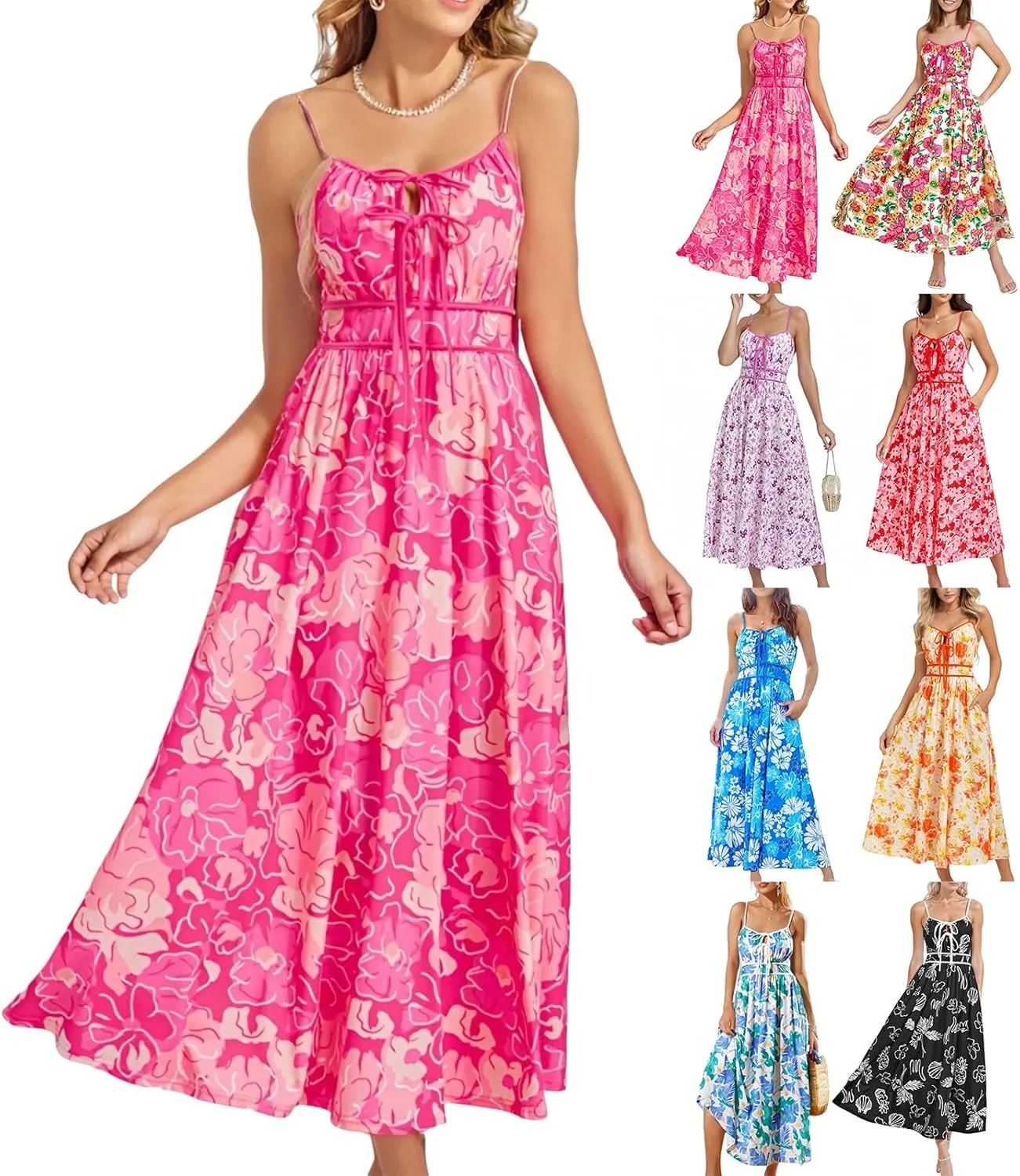 Boho Maxi Dresses for Women 2025 Summer Casual Floral Bohemian Dress Sleeveless Spaghetti Strap Long Beach Sundresses