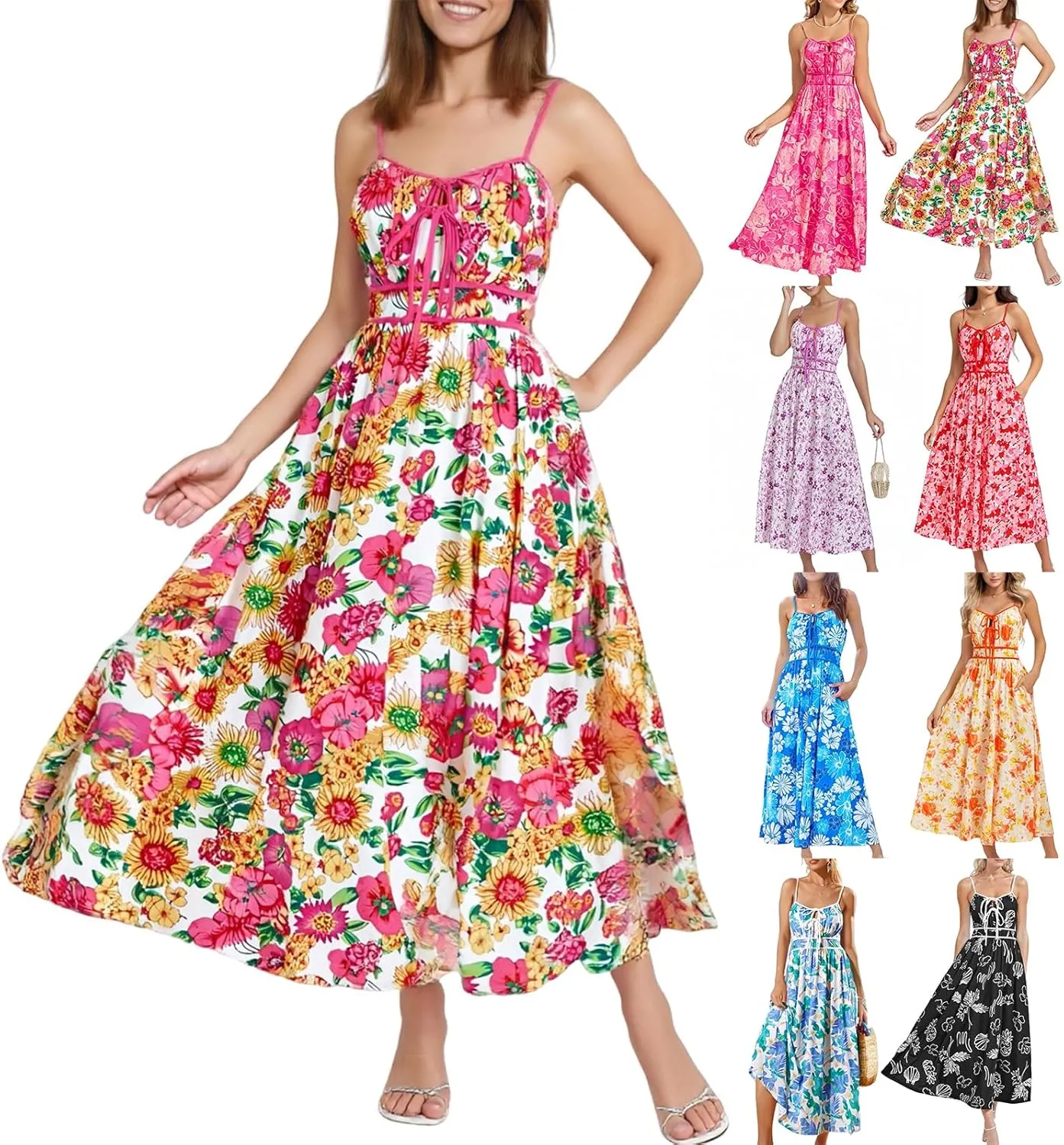 Boho Maxi Dresses for Women 2025 Summer Casual Floral Bohemian Dress Sleeveless Spaghetti Strap Long Beach Sundresses