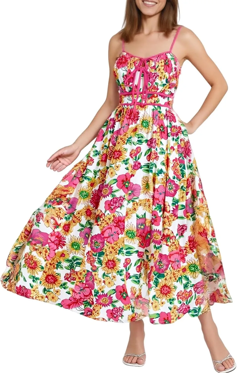 Boho Maxi Dresses for Women 2025 Summer Casual Floral Bohemian Dress Sleeveless Spaghetti Strap Long Beach Sundresses