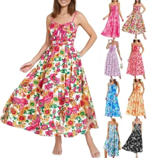 Boho Maxi Dresses for Women 2025 Summer Casual Floral Bohemian Dress Sleeveless Spaghetti Strap Long Beach Sundresses