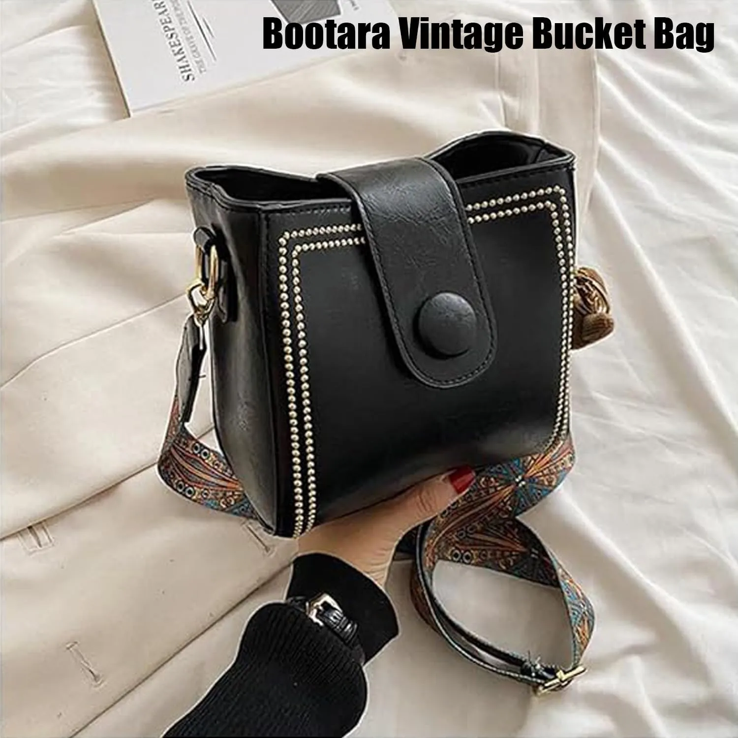 Bootara Bucket Bag, Adjustable women's vintage bunny charm bucket bag, Cute Mini, with Cute Rabbit Pendant