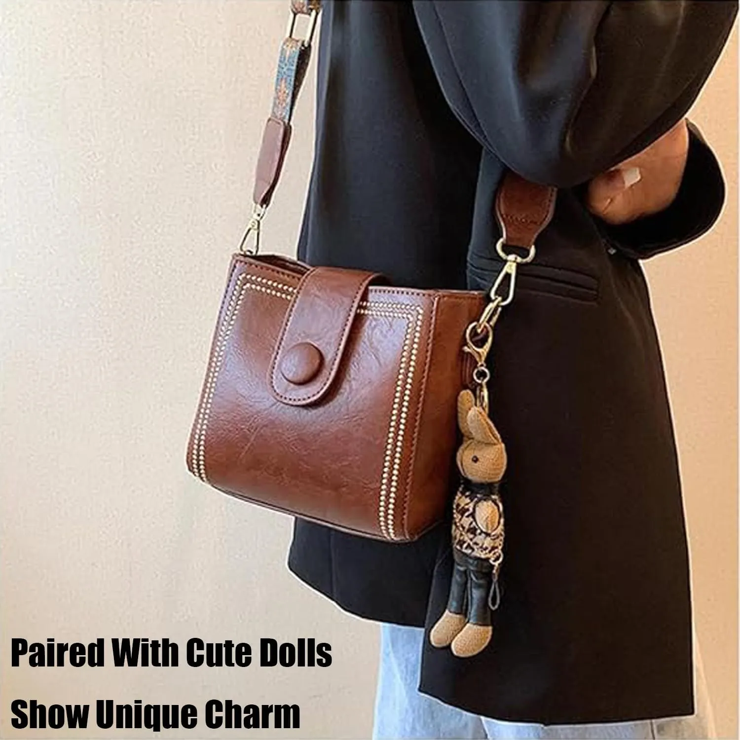 Bootara Bucket Bag, Adjustable women's vintage bunny charm bucket bag, Cute Mini, with Cute Rabbit Pendant